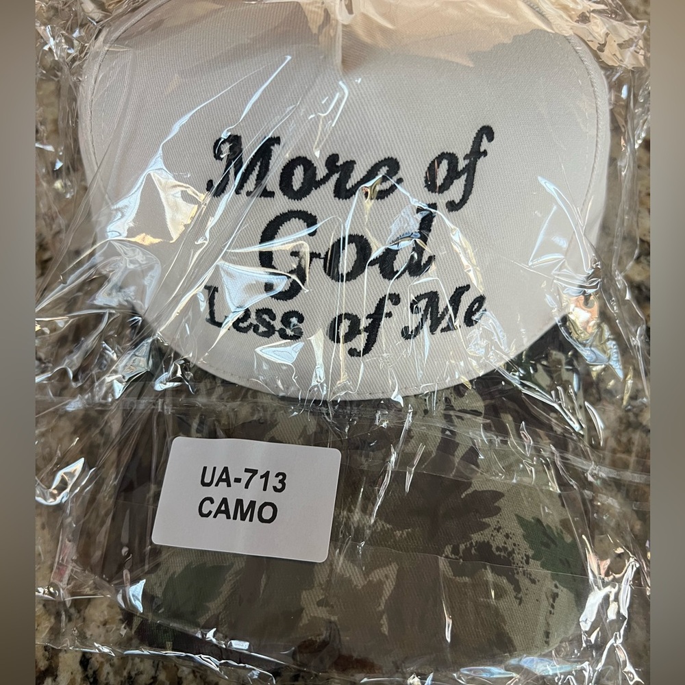 New Embroidered’More of God Less of Me’ Off White & Camo Cap - Picture 7 of 7